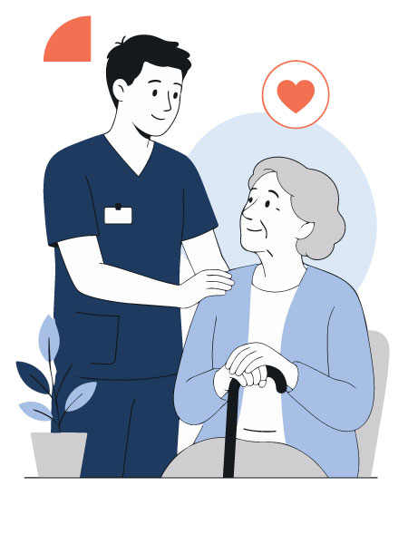 Illustration eines Pflegers in der Altenhilfe im Gespräch mit einer Seniorin.